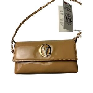 Valentino Orlandi Taupe Patent Leather Gold Chain Crossbody Bag Designer
